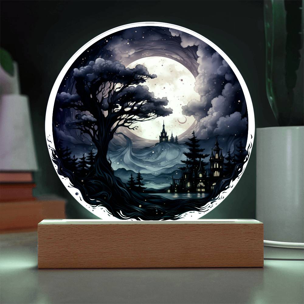 Full Moon Halloween Acrylic Circle Plaque w/ LED Base