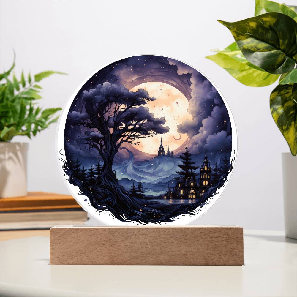 Full Moon Halloween Acrylic Circle Plaque w/ LED Base