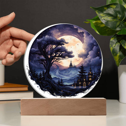 Full Moon Halloween Acrylic Circle Plaque w/ LED Base