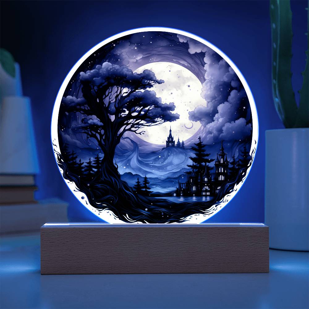 Full Moon Halloween Acrylic Circle Plaque w/ LED Base