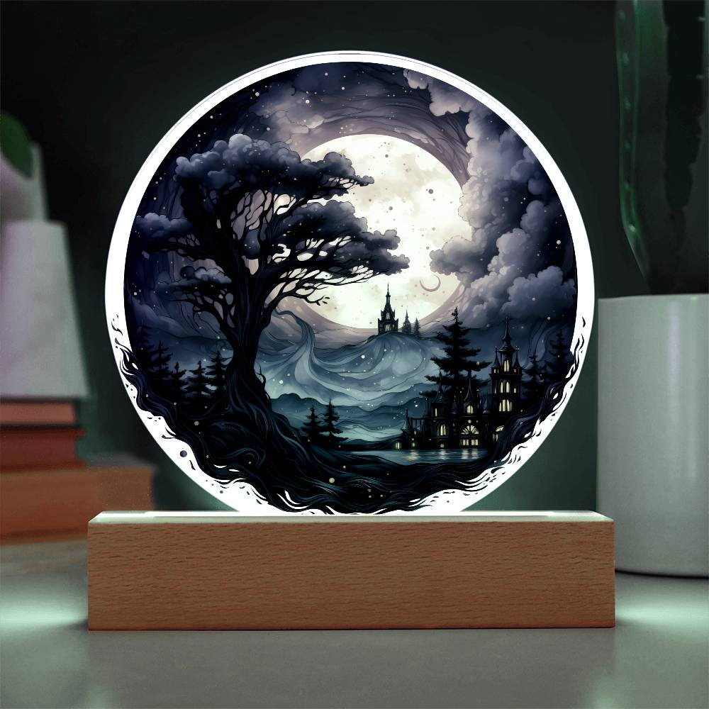 Full Moon Halloween Acrylic Circle Plaque w/ LED Base